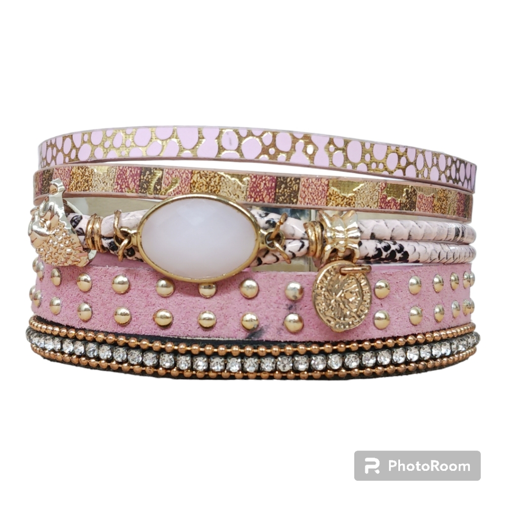 PLUS-SIZE Pink leather owl cuff bracelet with magnetic clasp